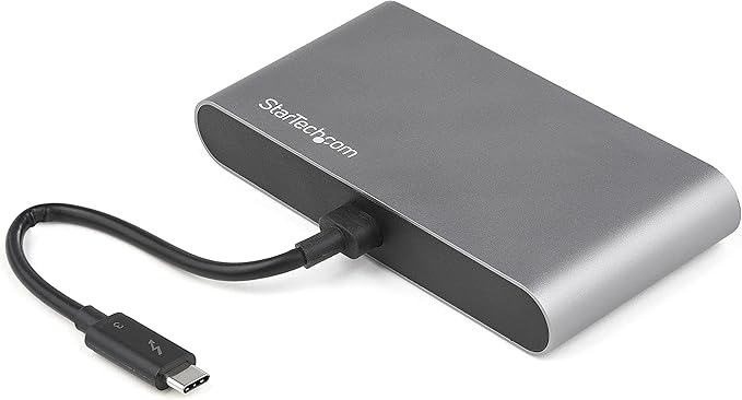 StarTech.com Dual-Monitor Thunderbolt Mini Dock, 4K 60Hz DisplayPort, Driverless Hub for Windows & Mac, Gigabit Ethernet, 1x USB-A (USB 5Gbps), 11in (28cm) Cable, Black & Silver