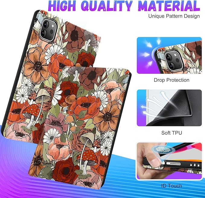 Uppuppy for iPad Air 13 Inch M2/M3, Pro 12.9 Case - Cute Women Girl Girly Aesthetic Mushroom Pencil Holder Folio Cover for Apple Air 13" 2024/2025, Pro 6th/5th/4th/3rd Generation Case