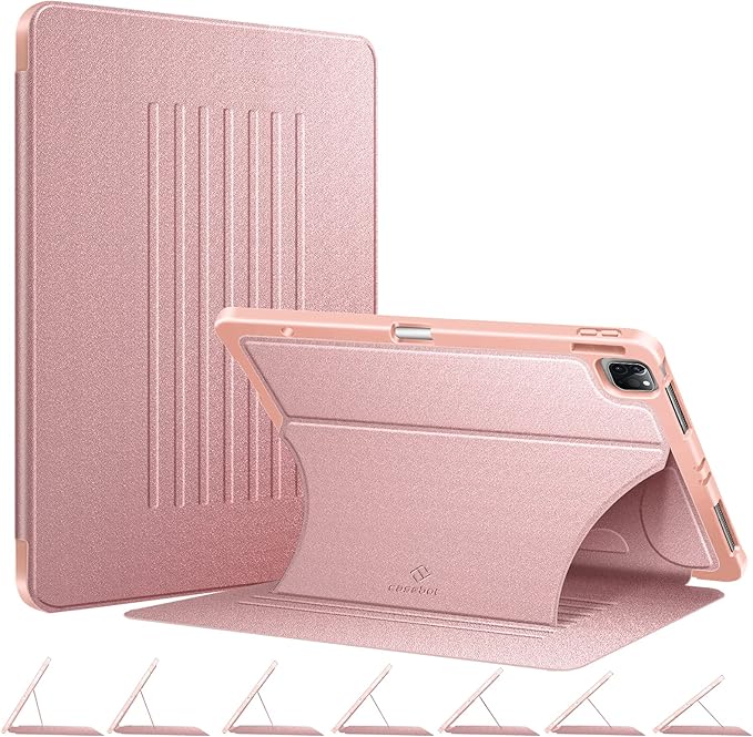 CaseBot Magnetic Case for iPad Pro 12.9-inch 6th Generation 2022, Multiple Angle Shockproof Rugged Stand Case, Soft TPU Back Cover w/Pencil Holder, Also Fit iPad Pro 12.9" 5th/4th/3rd Gen, Rose Gold