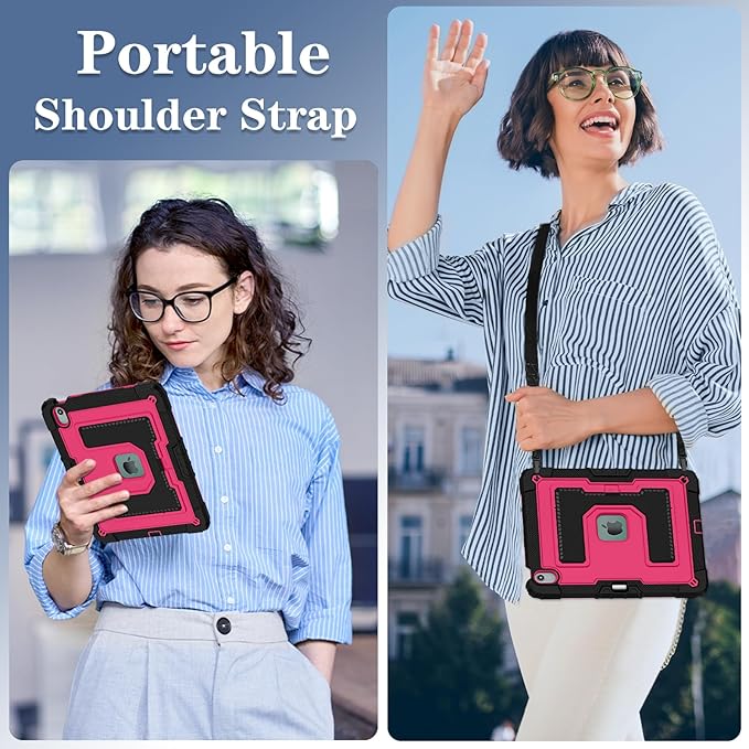 Kids Friendly Case for iPad Air 13 Inch M4 M3 M2 2026/2025/2024 Case with Pencil Holder & Shoulder Strap, Military Grade Shockproof Kickstand Hard Shell Protective Cover,Black+Rose