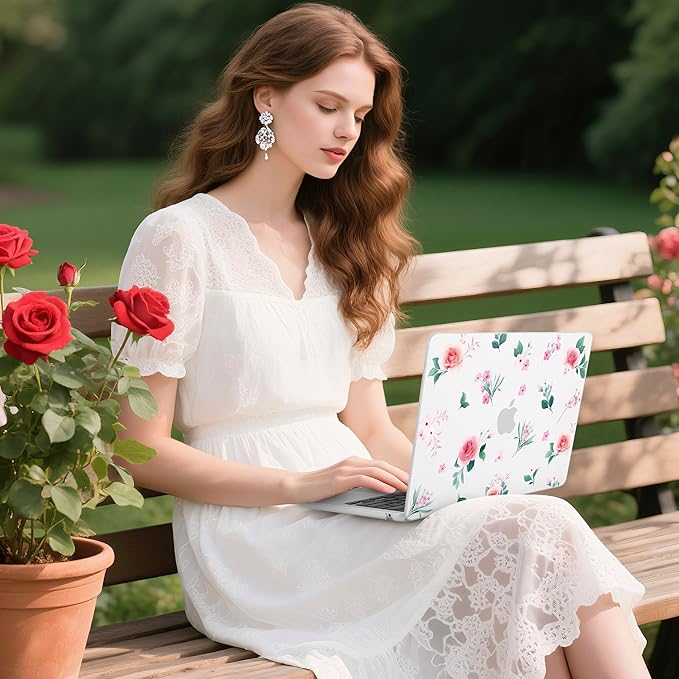 Batianda Premium Case for New MacBook Air 15 inch with M5 M4 M3 M2 Chip 2026 2025 2024 2023 Release, Floral Ultra-Slim 1.2mm Hardshell & Keyboard Cover & Screen Protector 4-in-1 Bundle, Pink Rose