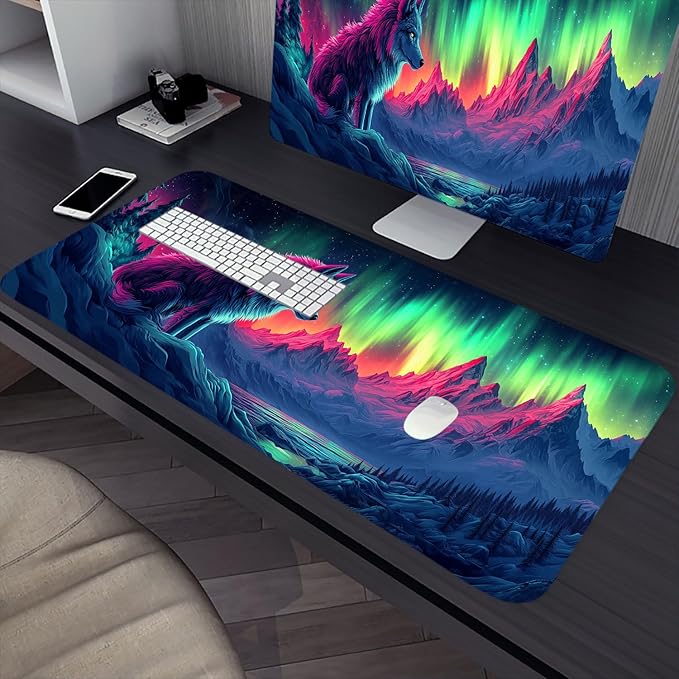 Wolf Desk Mat Colorful Aurora Borealis Mountain Fantasy XL Mouse Pad Large Mousepad Extended Laptop Keyboard Mat Gaming Desk Pad Mouse Mat 31.5"x11.8" Office Computer Keyboard Laptop Home