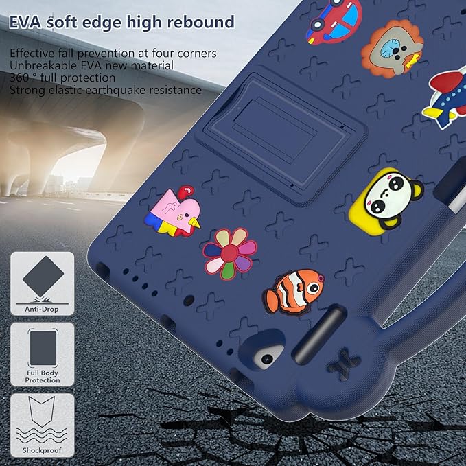 AKABEILA Compatible with Apple iPad Air 1 2013/Air 2 2014/Pro 9.7(2016)/iPad 9.7(2017/2018) Tablet Case, Kids Shockproof Protective Case with Shoulder Strap & Stand Handle & Pen Tray Navy Blue