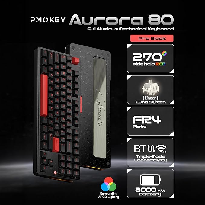 PMOKEY Aurora 80 CNC Full Aluminum Wireless Mechanical Keyboard with VIA/QMK, 8000mah Battery, Tri-Mode Wireless Gaming Keyboard Custom Hot Swappable RGB Backlit for Windows/Mac/PC (Pro Black)