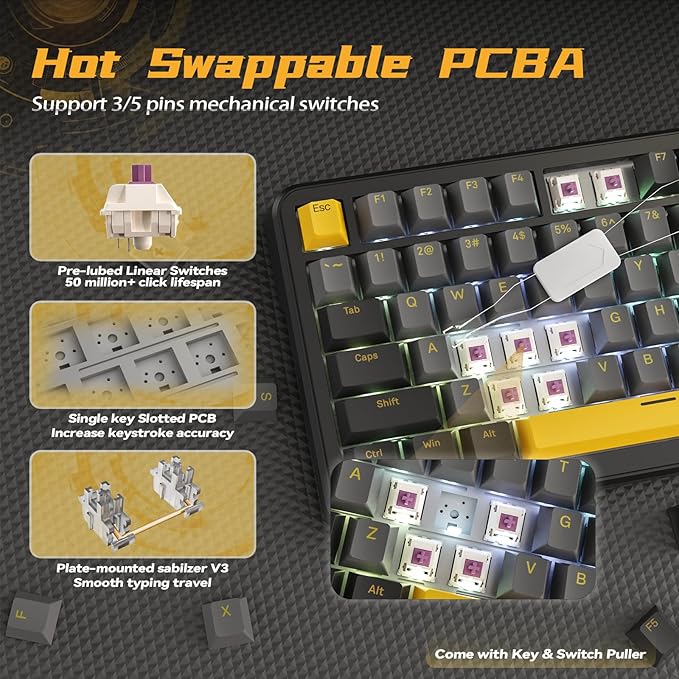 ATTACK SHARK X85 Pro Wireless Gaming Keyboard,Hot Swappable,Tri-Mode(BT 5.1/2.4Ghz/Type-C),Gasket, TFT Display & Knob,75% Layout,PBT Keycaps,QMK Custom for PC/MAC-Black/Linear Blueberry Switch