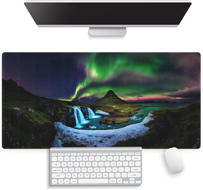 Large Gaming Mouse Pad (31.5" x 15.8") - Aurora Borealis Dancing Over a Majestic Waterfall and Mountains, Extra XXL Office Accessories, Premium Stitched Anti-Slip Office Desk Mat
