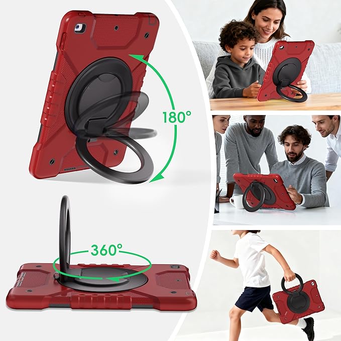 Andnary Case for iPad 9th/8th/7th Generation 10.2 inch, Shockproof Cover with Screen Protector/360° Rotating Handle/Bracket/Pen Holder/Shoulder Strap, Kids Case for iPad 2021/2020/2019 (Red+Black)