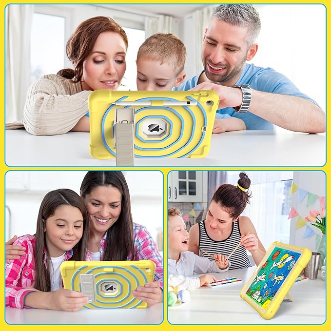 SIBEITU Kids Case for iPad 9th Generation/ 8th Gen/ 7th Gen with Pencil Holder & Stand, Fully-Body Hybrid Shockproof Rugged Drop Protective Cover for iPad 10.2 inch 2021/2020/2019 (Yellow Blue)