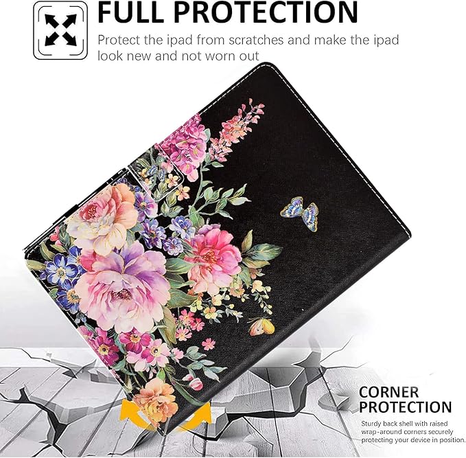 for iPad 9.7 Inch Case iPad 6th/5th Generation Case 2018 2017, PU Leather Folio Stand Cute Cover for iPad 9.7 inch/iPad Pro 9.7/iPad Air 2/iPad Air 1, Auto Sleep/Wake, Flowers