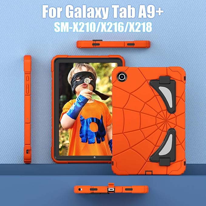 AKABEILA Compatible with Samsung Galaxy Tab A9 Plus 11 inch (SM-X216B)(2023) Tablet Case，Lightweight Shockproof Rugged Protective Cover with Kickstand for Kids Children Boys Babies Orange Black