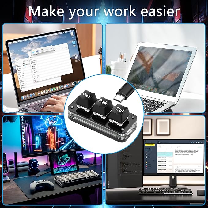 SinLoon Mini 3-Key Cut Copy Paste Keyboard Programmable Keypads with LED Light Mechanical Hot Swap Macro Keyboard for Working and Gaming