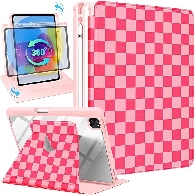 Uppuppy for iPad Pro 12.9 Case Folio Cover with Pencil Holder Girls Cute Women Kids Girly Checkered Design Pretty Aesthetic Rotating Stand for Apple iPad Pro 12.9 Inch Cases 2022/2021/2020/2018