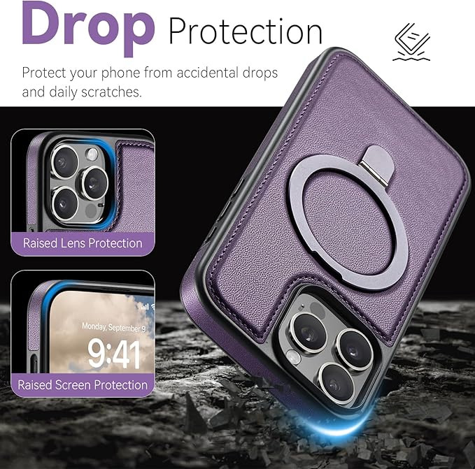 Compatible with iPhone 14 Pro Max Case with Stand, Compatible with MagSafe, Slim PU Leather & Durable TPU Protective Cover Drop-Proof with Tempered Glass Screen Protector 6.7", Purple