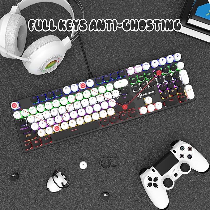 Typewriter Style Retro Wired Mechanical Gaming Keyboard,Vintage Steampunk Keyboard with Rainbow Backlit,104-Key Red Switch Cute Keyboard with Number Pad,Round Keycaps Computer Keyboard for Win/Mac