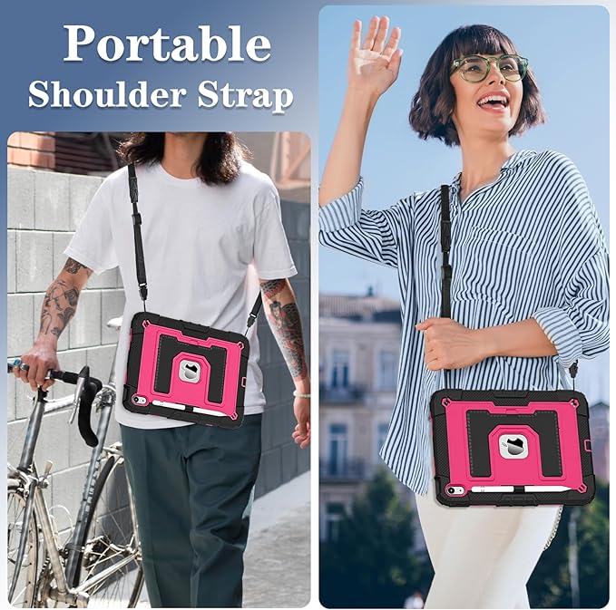 Kids Friendly Case for iPad A16 11th Generation 11 Inch 2025 / iPad 10th Generation 10.9" 2022 Case with Pencil Holder & Shoulder Strap, Hybrid iPad 11 10 Cover Rugged Shockproof Kickstand,Black+Rose
