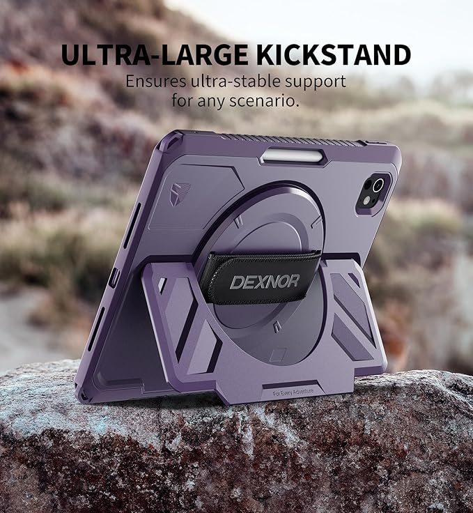 Dexnor for iPad Pro 11 inch Case M5 2025/M4 2024, Rugged Protective Case with 360° Rotating Hand Strap & Large Steady Stand & Screen Protector & Pencil Holder Shockproof Full-Body Bumper Cover, Purple