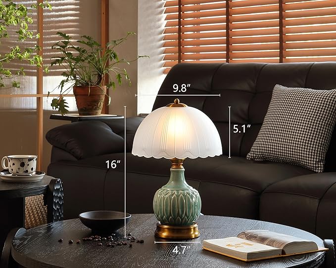 Glivpny Vintage Table Lamp for Living Room,16" Mid Century Modern Ceramic Lamps for Bedroom,Retro Bedside Nightstand Mushroom Glass Lamps, Classic Chinoiserie Green Lamp for Home Decor (LD002)