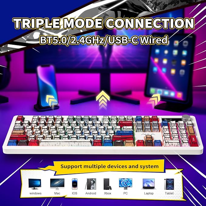 AULA F106 PRO Wireless Mechanical Keyboard,Full Size Gaming Keyboard with Hot Swappable Knob & Screen,Tri-Mode RGB Backlit with 8000mAh for PC/Laptop/Windows - Blaze Switch,Comic Mix