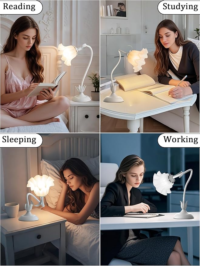 AQDZCNF Flower Table Lamp,LED Reading Light Bedside Vintage Flower Night Light,3 Colors Modes Kawaii Bedside Lamps Decor,Living Room Bedroom Room Lighting Table Lamps Home Decoration (White)