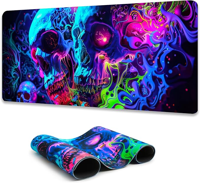 Simpkeely Horror Skull Mouse Pad, Large Waterproof Blacklight Colorful Skeleton Neon Gaming Non-Slip Rubber Base Mousemat, Glow in The Dark Abstract Desk Mat for Office Home - 31.5 x 11.8 inches