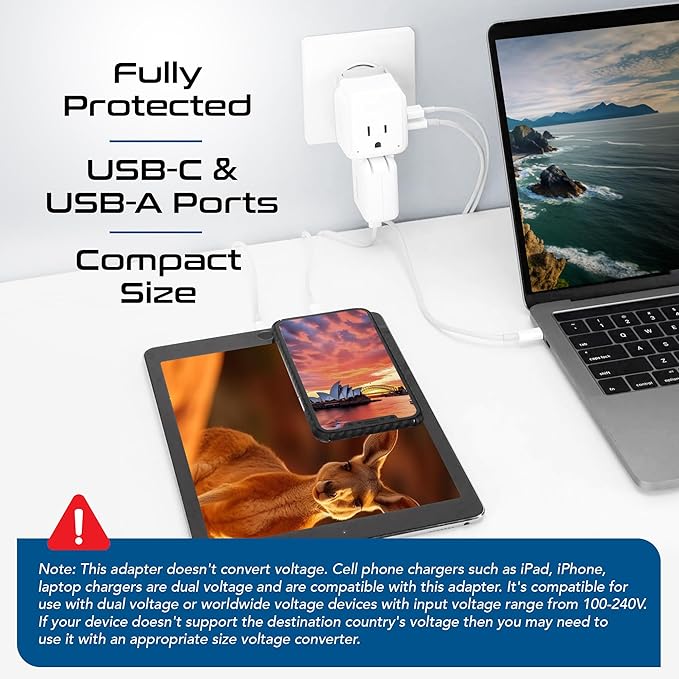 Ceptics Australian Travel Adapter Set, 20W PD & QC, Type I-3.1A - 4 in 1-2 USA Inputs, 1 USB Port, 1 USB-C Port - Australian New Zealand Fiji Argentina, Compact - Adapter Australia-Compatible Plug