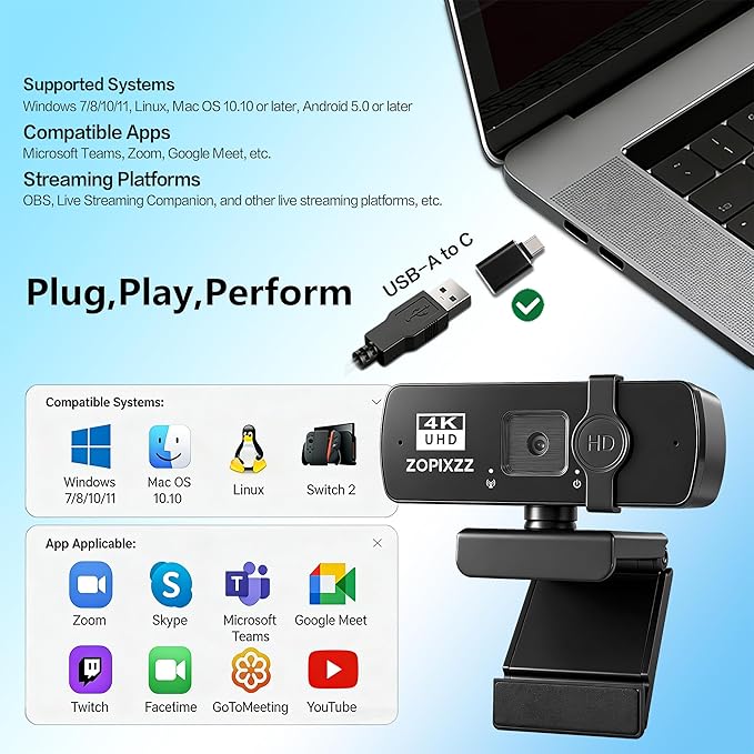 4K Webcam for PC Ultra HD Web Camera with Microphone, PDAF Autofocus,Privacy Cover,USB A & USB C Adapter, Plug & Play,Ideal for Business Meetings&Live Streaming