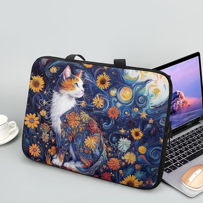 Starry Night Laptop Sleeve 13 Inch Laptop Protective Case Cute Cat Floral Computer Sleeve Neoprene Protective for 10-17 Inch Computer, Notebook, Chromebook, Tablet Bag