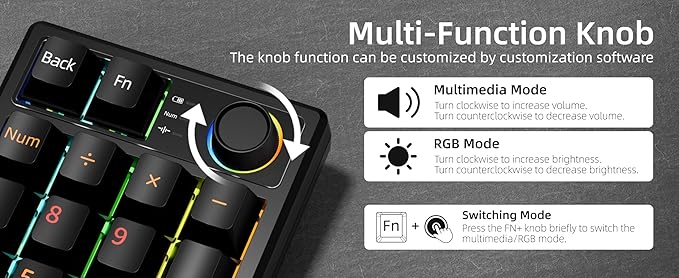 Gasket Creamy Mechanical Numpad Programmable Macro Keypad Wireless 2.4G/Bluetooth 5.0/Wired USB-C RGB Backlit Hot Swappable Number Pad Rechargeable Numeric Keyboard Metal Knob, Black