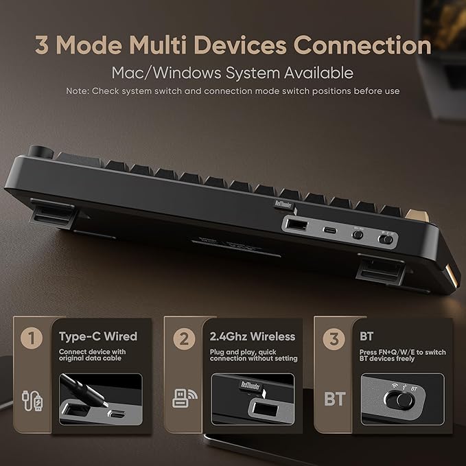 RedThunder K65 Wireless Mechanical Keyboard, CNC Knob, Tri-Mode BT5.0/2.4GHz/USB-C Hot Swappable Custom, Pre-lubed Linear Coconut Switches, Gasket Structure, RGB Gaming Keyboard, Black-Gold