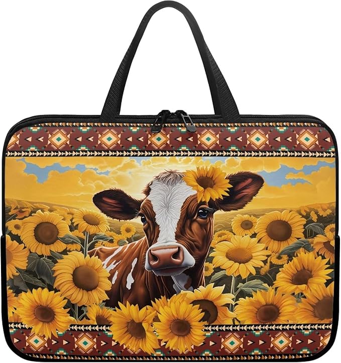 10 Inch Laptop Sleeve, Laptop Cover Computer Bag Tablet Carrying Case with Handle, Tribal Sunflower Cow Water-Repellent Tote Bags Notebook Sleeves Handbag Messenger Briefcase