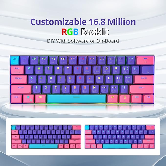 Protable 60% Percent Gaming Keyboard Mechanical, Mini Compact RGB Backlit 61 Keys Wired Office Keyboard with red Switch for Mac/Win (Purple/red Switch)