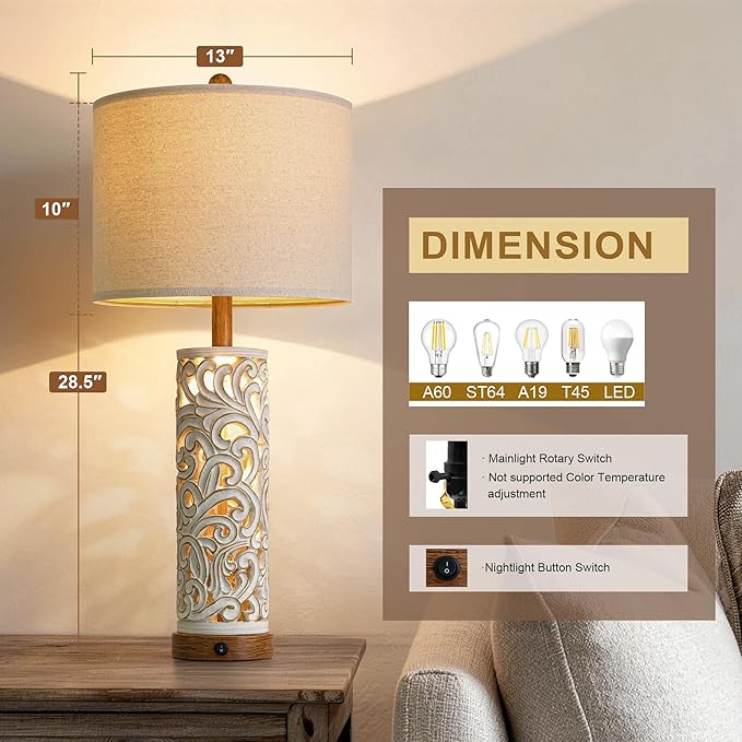 OYEARS 2-in-1 Light Table Lamp Set of 2 for Living Room, 28.5" Farmhouse Bedside Lamps with USB Charging Port, Main&Night Light & Dual Switches, Nightstand Lamp for Bedroom Home Office(Bulb Included)