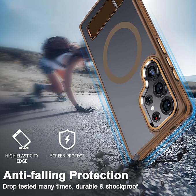 MALEWOLF Magnetic Case for Samsung Galaxy S25 Ultra, Compatible with Magsafe, [Invisible & Adjustable Stand] for Translucent Cover, Anti-Slip Shockproof Slim Phone Case for Galaxy S25 Ultra (Brown)