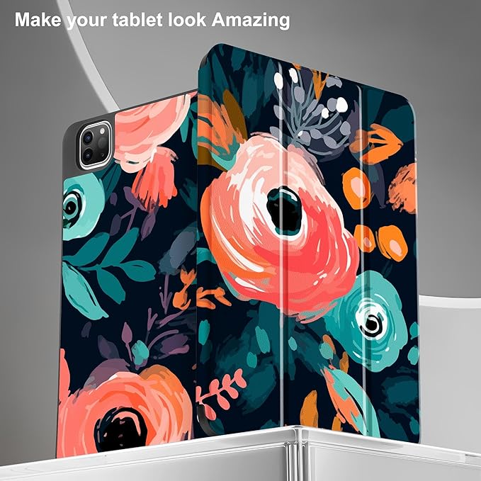 May Chen Case for iPad Pro 11 inch (4th, 3rd, 2nd & 1st Gen) 2022 2021 2020 2018, Trifold Stand + Pencil Holder + Auto Wake/Sleep + Soft TPU Protective Stand Back Cover, Bright Flowers