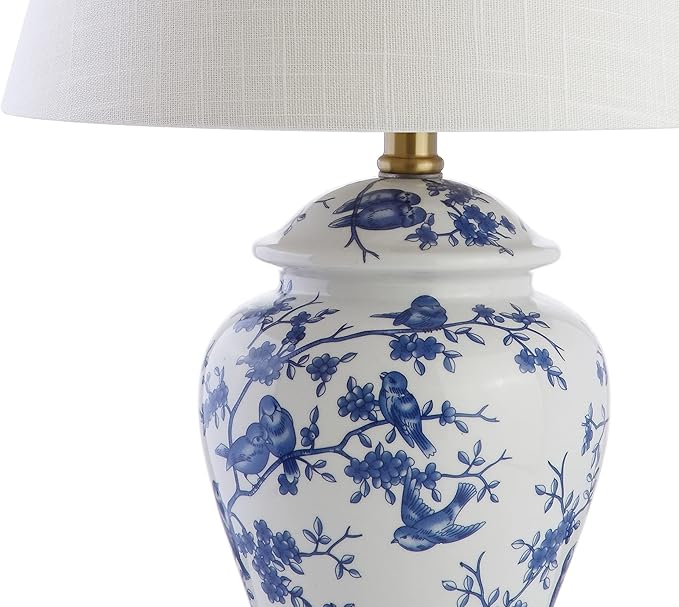 JONATHAN Y 22" Blue/White Ceramic Table Lamp, French Country Chinoiserie Ginger Jar LED Bedside Lamp for Living Room Bedroom, White Linen Shade, JYL3005A