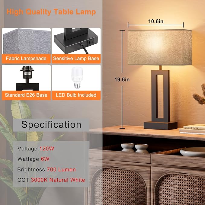 Seealle Nightstand Table Lamps for Bedrooms Set of 2 - Touch Bedside Lamp with USB C+A, 3 Way Dimmable Living Room End Tables 2, Modern Night Stand Bed Side Guest Room(Grey) B. Grey