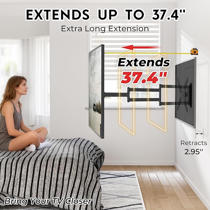 BONTEC TV Wall Mount for 26–65 Inch Flat and Curved Screens with 37.4 Inch Long Extension, Full Motion Swivel Design, Heavy Duty Bracket for Corner or Monitor Setup, Max VESA 400x400, Holds 77 lbs