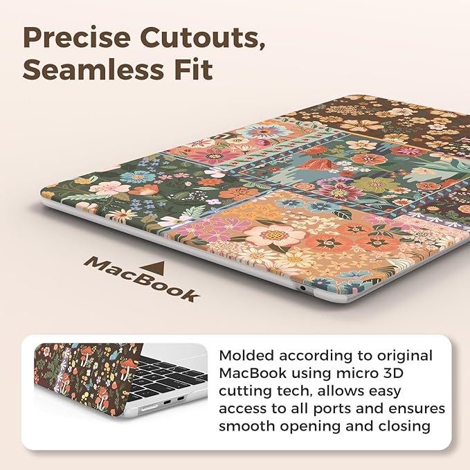 iCasso for MacBook Air 13.6 inch Case 2026 2025-2022 Release M5 M4 M3 M2 Model A3449 A3240 A3113 A2681, Flower Pattern Sturdy Protective Hard Shell Case Cover for Mac Book Air 13 inch,Brown