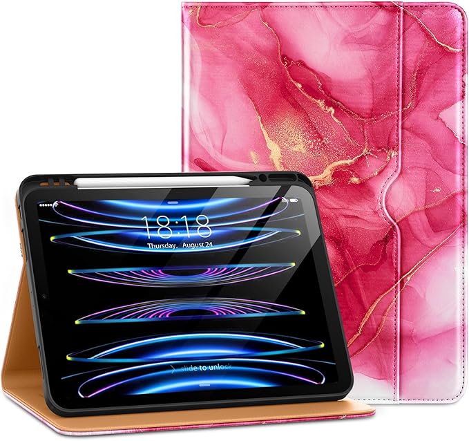 DTTO iPad Pro 12.9 6th / 5th / 4th / 3rd Generation Case 2022/2021/2020/2018, Premium Leather Folio Stand Cover with Built-in Apple Pencil Holder -Auto Wake/Sleep and Multi Viewing Angles,Red Marble