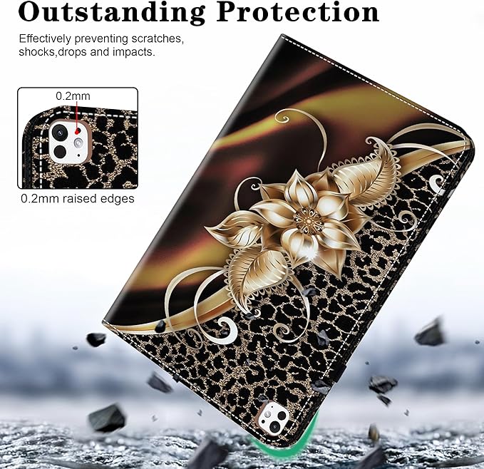 Case for iPad Pro 13 inch (M5/M4) 2025/2024, Premium Leather Folio Stand Protectors Cover with Auto Wake/Sleep, Pencil Holder, Hand Strap and Card Slots - Metallic Flower