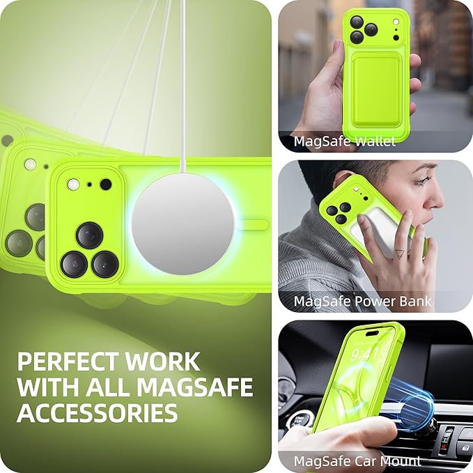 BERFY for iPhone 17 Pro Case, Compatible with MagSafe, Built-in Glass Screen Protector, Camera Protection, Shockproof Full Body Phone case 6.3", Translucent Bright Green