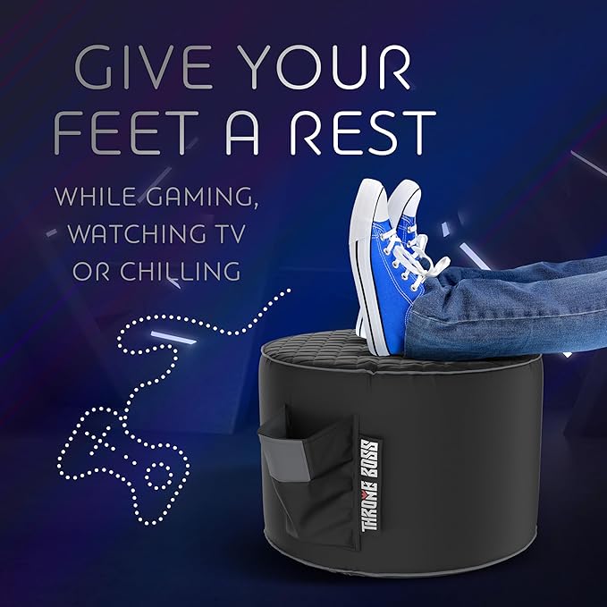 Throne Boss Gaming Footstool - Cover ONLY No Filling - Matching Bean Bag Chair Pouf/Ottoman - Round Gamer Foot Stool Footrest with Drink Holder (Grey)