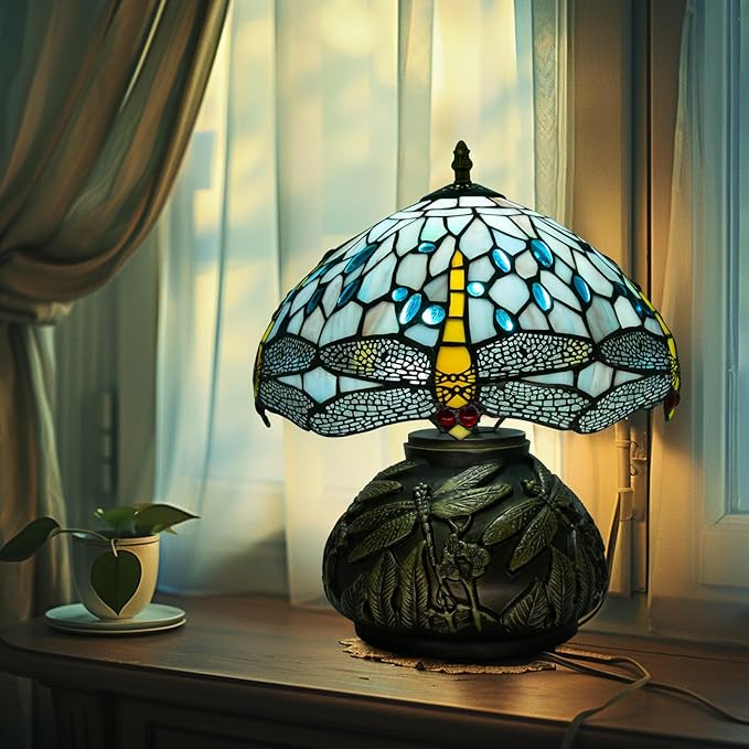 12 Inch Dragonfly Tiffany Lamp with Remote Control, Adjustable Brightness and Color Temperature, E26 Bulb, 9W, Ocean Blue Dragonfly Mushroom Stained Glass Bedside Lamp
