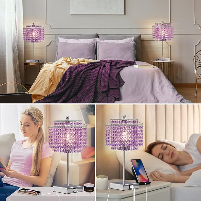 Luvkczc Purple Bedside Crystal Table Lamp Set of 2, Touch Control Lamps,Dimmable Lamp with Crystal Shade for Bedroom, Girl Living Room, 6W B11 Bulb Included