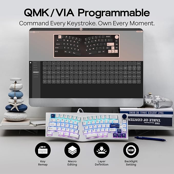 MechLands Feker Alice80 68 Keys Ergonomic Mechanical Keyboard, QMK & VIA Programmable, Wired Gaming Keyboard with Creamy Gasket, Hot Swappable, 5 Layer Paddings, NKRO, RGB for Win/Mac (White)