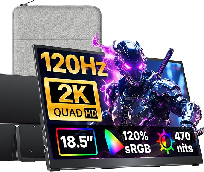 cocopar Portable Monitor 18.5 Inch 2K QHD 120Hz 120% sRGB Travel Monitor with Speaker HDMI USB-C Second Screen for Laptop MacBook Surface PC Xbox PS4/5, VESA Mountable, with Kickstand