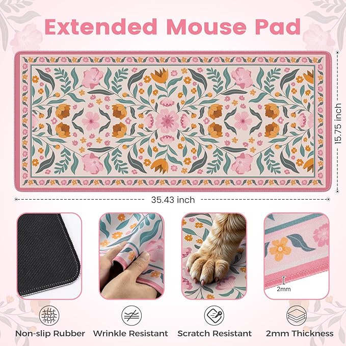 iLeadon Desk Protector Pad Mat Pink, Large Floral Mouse and Keyboard Pad with Smooth Lycra Surface, Long Full Desk Mouse Pad for Laptop, Gaming Desks Mat Cute for Office, Home (Pink)