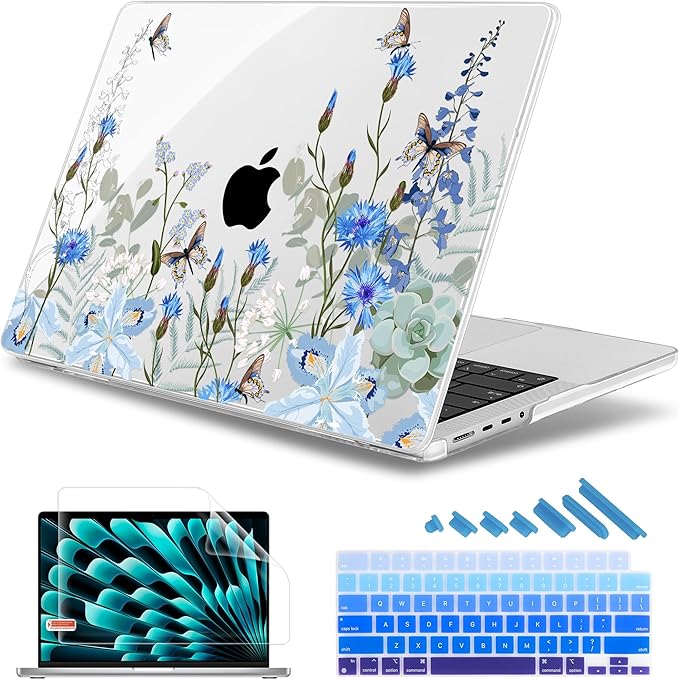 May Chen for 2026 MacBook Pro 14-inch M5 M4 M3 M2 M1 Pro/Max Chip, Release 2026 2025-2021, Model A3427 A3426 A3434 A3112 A3401 A3185, Plastic Hard Shell with Keyboard Cover, Blue Flowers