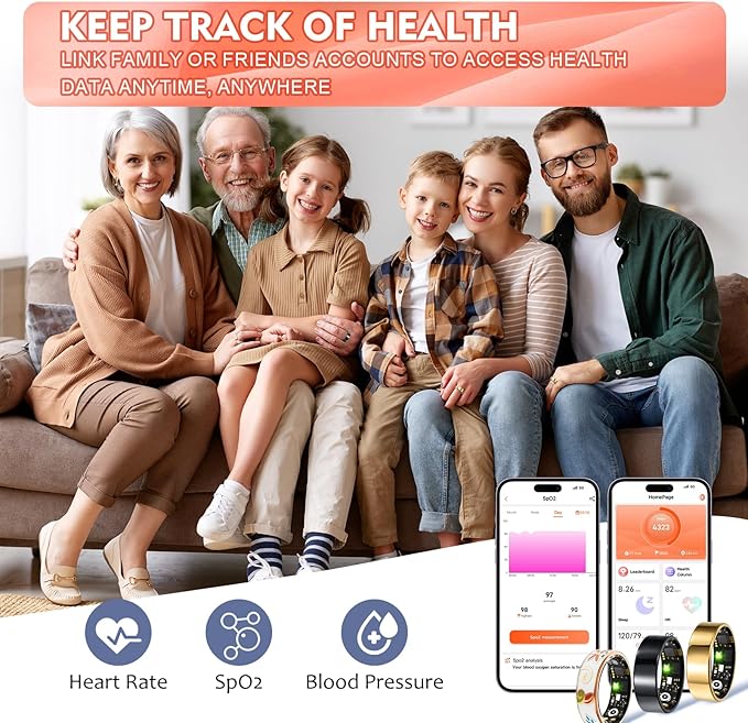 Smart Ring Health Tracker for Women Men, Sleep Tracker with Heart Rate,SpO₂,Blood Pressure, Fitness Ring for Activity Monitoring, No Subscription, Step Tracker Ring for ios&Android (Enamel color, #6)