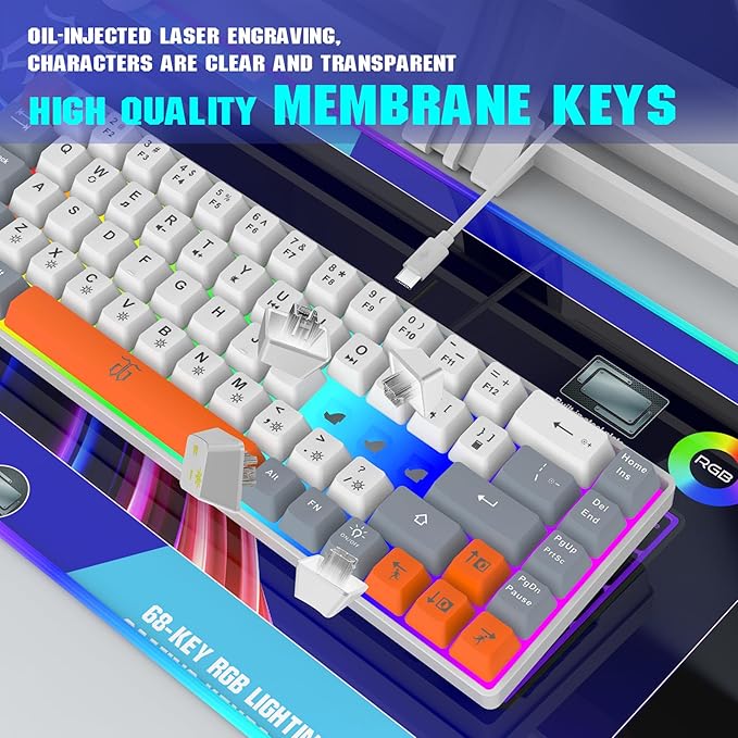 Snpurdiri 60% Percent Gaming Keyboard, Ergonomic Compact RGB Backlit Small Gaming Keyboard for Windows, PC, Laptop (68 Keys, White-Grey-Orange)